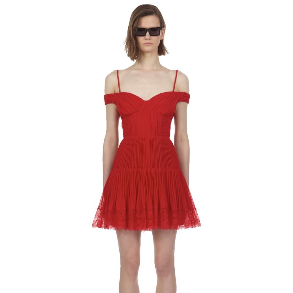 Self Portrait Red Off-the-shoulder Pleated Chiffon Mini Dress (NBW!)